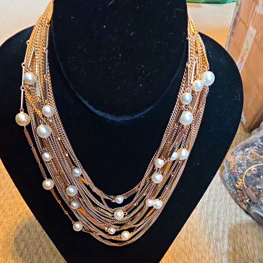 Gold-Tone Multistrand Layered Curb Link Necklace Simulated White Pearls 17"